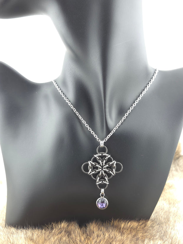 Black Glass and Stainless Steel Aura Weave Pendant with a Purple Glass Drop on a 24" Stainless Steel Chain
