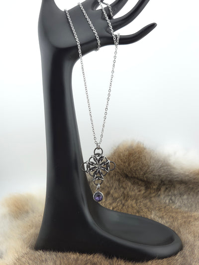 Black Glass and Stainless Steel Aura Weave Pendant with a Purple Glass Drop on a 24" Stainless Steel Chain