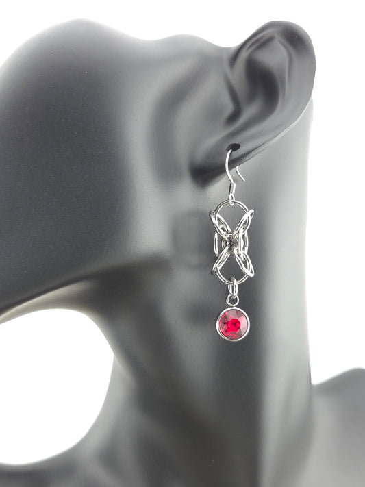 Stainless Steel Hour Glass Earrings with a Red Glass Drop Foxweave Studios