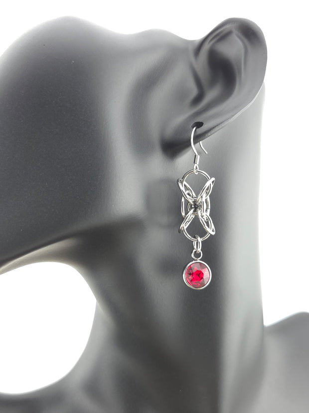 Stainless Steel Hour Glass Earrings with a Red Glass Drop
