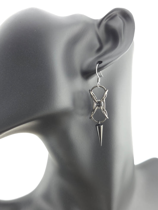 Black Glass and Stainless Steel Hour Glass Earrings with a Black Spike Foxweave Studios