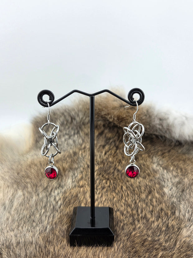 Stainless Steel Hour Glass Earrings with a Red Glass Drop