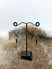 Black Glass and Stainless Steel Hour Glass Earrings with a Black Spike
