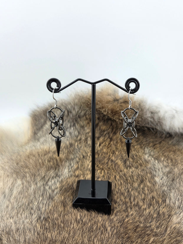 Black Glass and Stainless Steel Hour Glass Earrings with a Black Spike