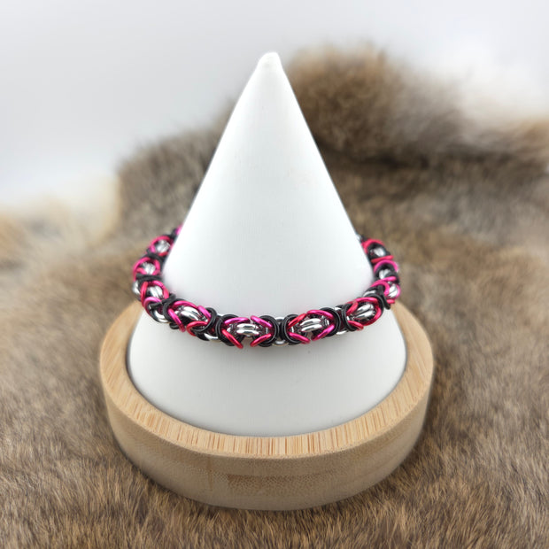 Anodized Aluminum Byzantine Bracelet - Hot Pink, Black, and Silver