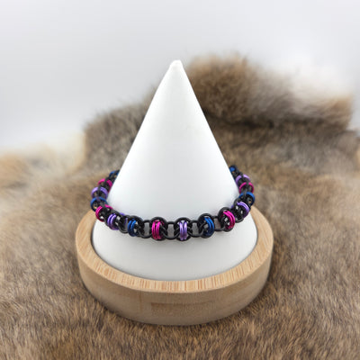 Anodized Aluminum Barrel Weave Bracelet - Bisexual Pride on Black