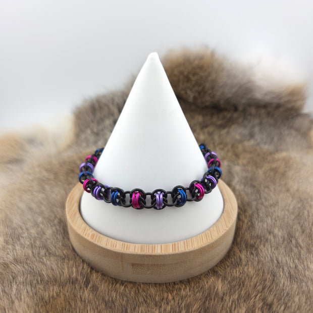 Anodized Aluminum Barrel Weave Bracelet - Bisexual Pride on Black