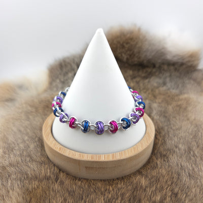 Anodized Aluminum Barrel Weave Bracelet - Bisexual Pride on Silver