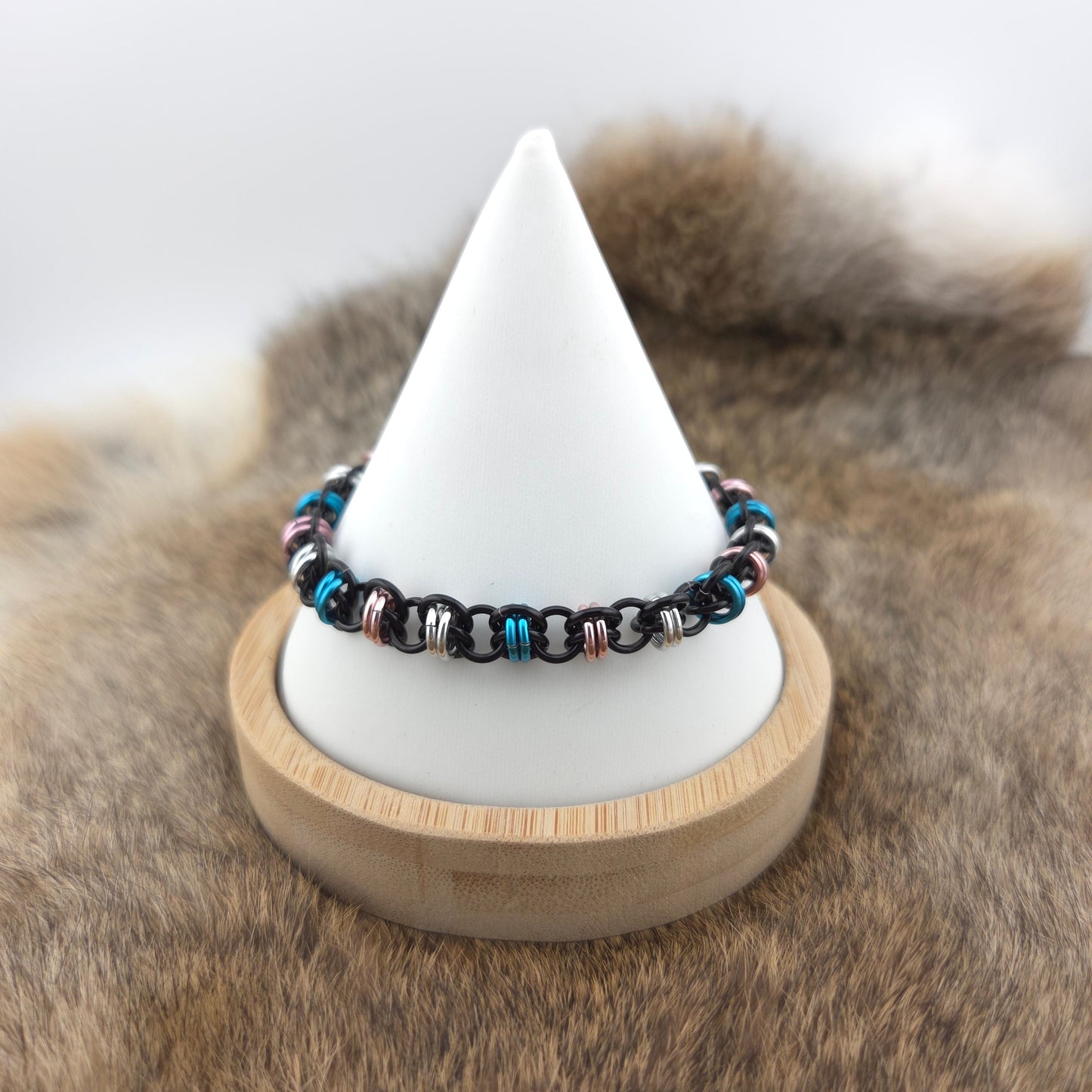 Anodized Aluminum Barrel Weave Bracelet - Transgender Pride on Black Foxweave Studios