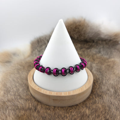 Anodized Aluminum Barrel Weave Bracelet - Matte Black and Hot Pink