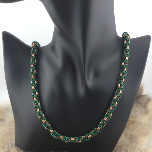 Anodized Aluminum Byzantine Necklace - Green, Matte Green, and Copper Foxweave Studios