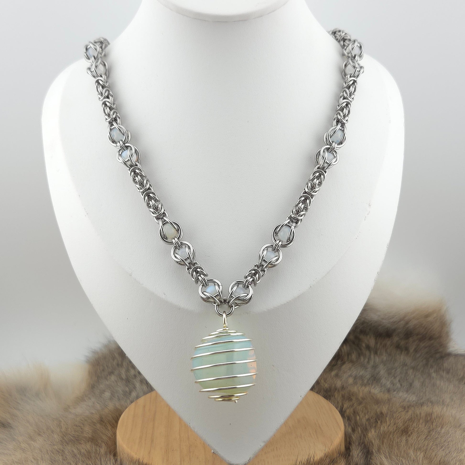 Stainless Steel and Translucent White Opal Glass Beads Necklace with Stainless Steel Caged Opalite Pendant Foxweave Studios