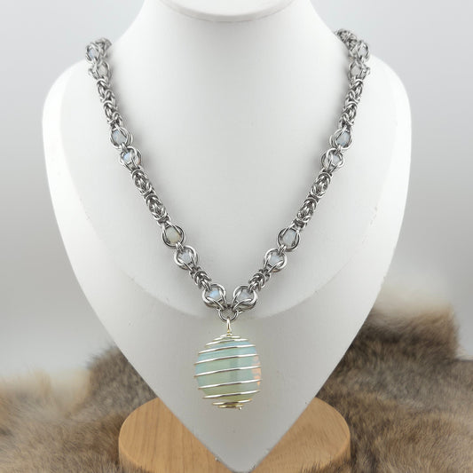 Stainless Steel and Translucent White Opal Glass Beads Necklace with Stainless Steel Caged Opalite Pendant Foxweave Studios