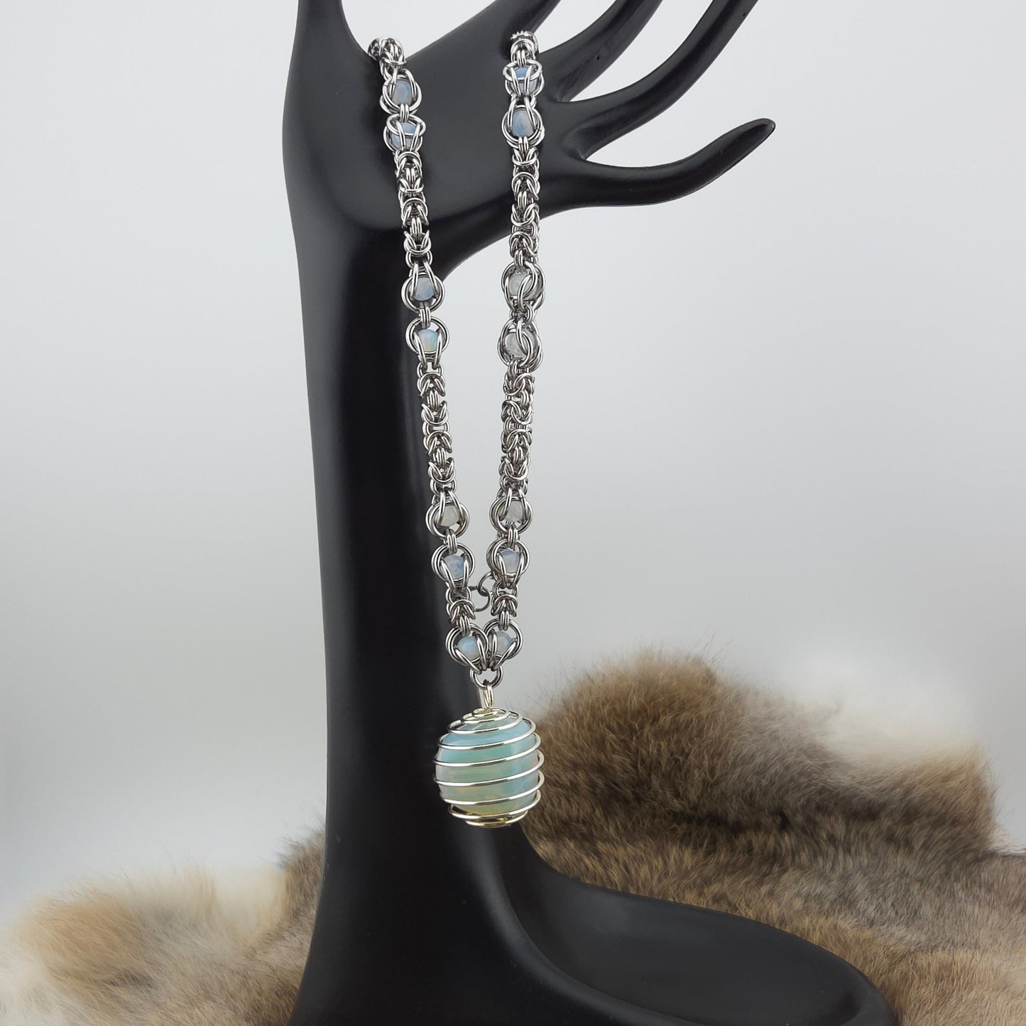 Stainless Steel and Translucent White Opal Glass Beads Necklace with Stainless Steel Caged Opalite Pendant Foxweave Studios