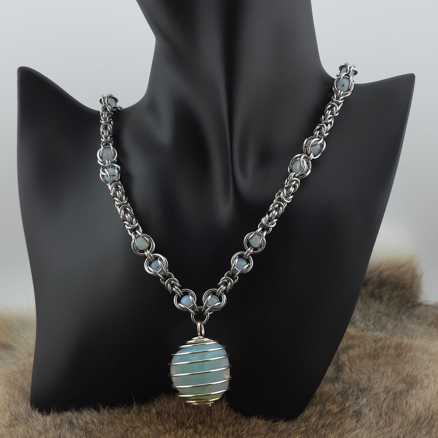 Stainless Steel and Translucent White Opal Glass Beads Necklace with Stainless Steel Caged Opalite Pendant Foxweave Studios