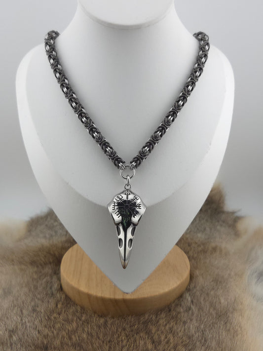 Raven Skull and Vegvisir Pendant on a Two Tone Stainless Steel Byzantine Chainmail Necklace