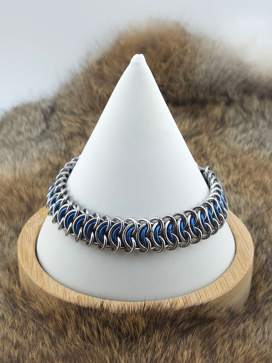 Stainless Steel and Cornflower Blue Niobium Vertebrae Chainmail Bracelet