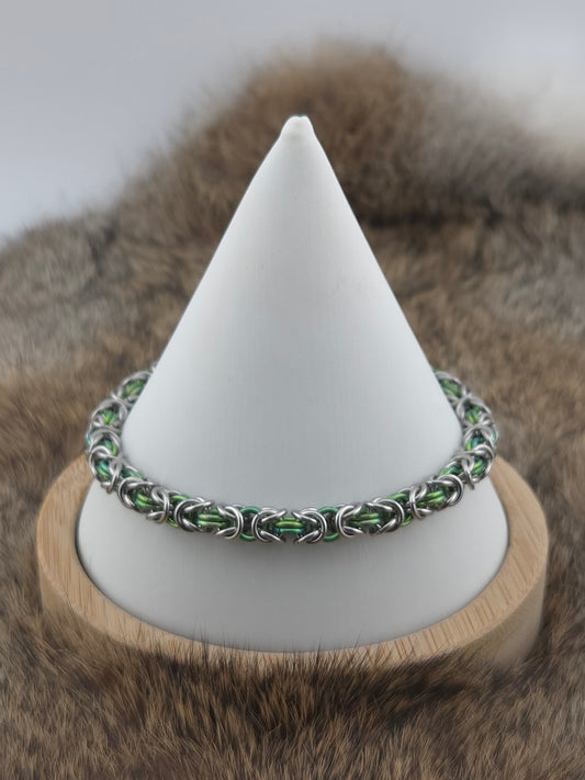 Slender Stainless Steel and Green Titanium Byzantine Chainmail Bracelet