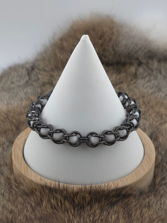 Black Glass Titanium Bracelet with White Beads