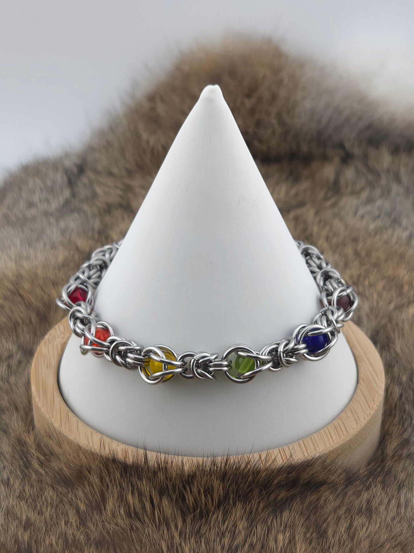 Stainless Steel Byzantine Bracelet – Rainbow Captured Beads