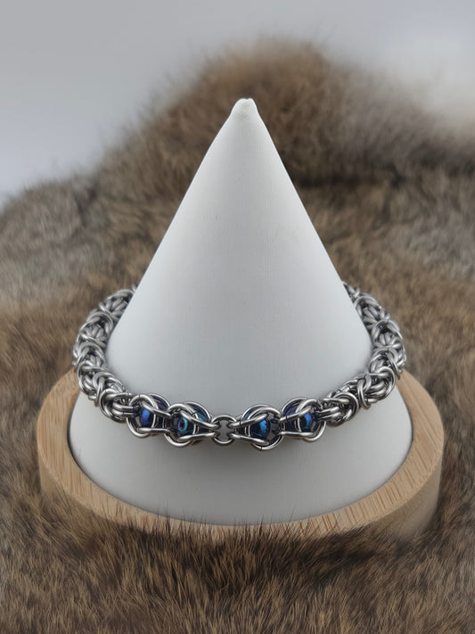 Stainless Steel Byzantine Chainmail Bracelet with Captured Blue Iris Beads