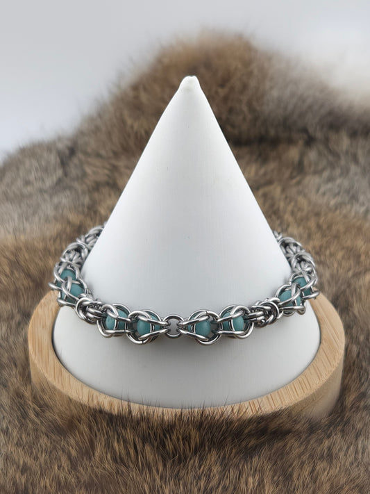 Stainless Steel Byzantine Bracelet – Teal Glow Beads