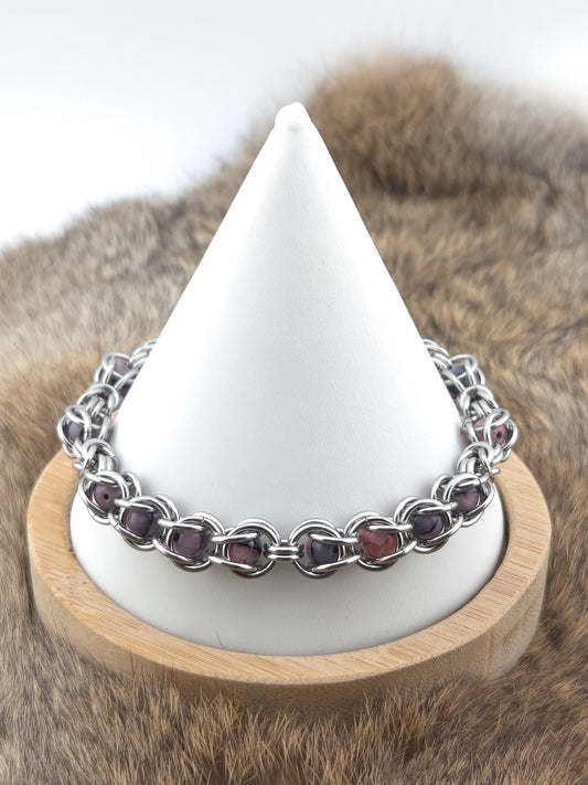 Stainless Steel Byzantine Chainmail Bracelet with Pink/Black Beads