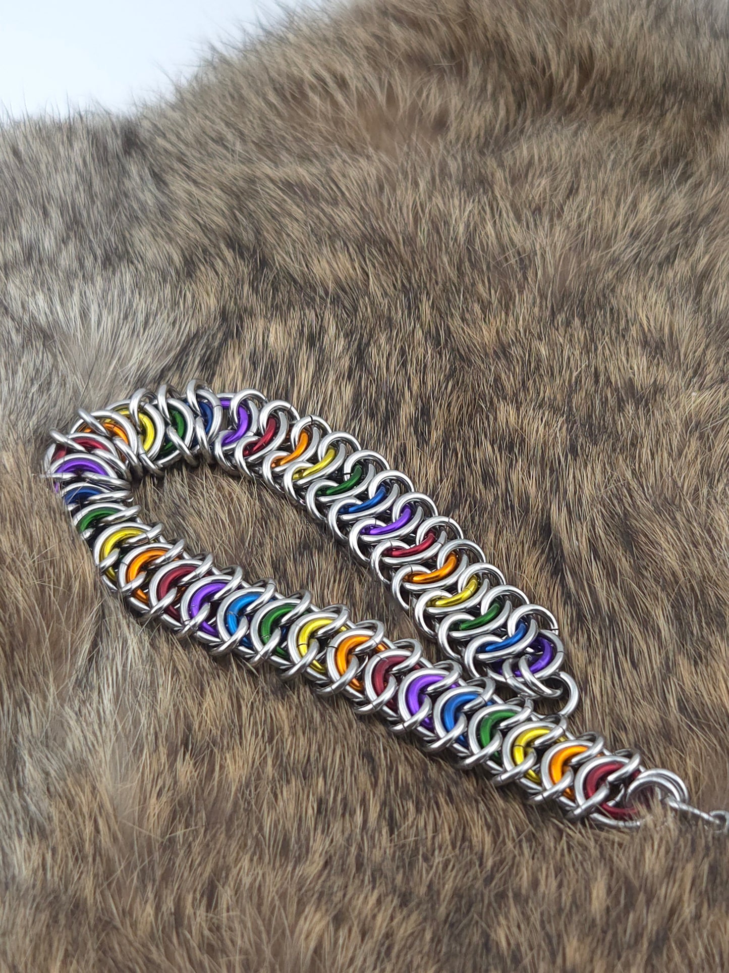 Stainless Steel and Rainbow Premium Aluminum Vertebrae Chainmail Bracelet