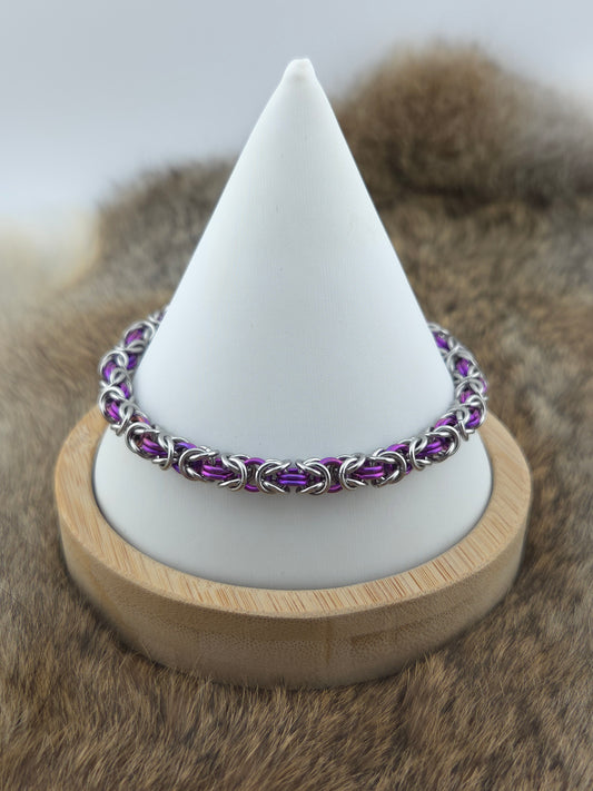 Slender Stainless Steel and Violet Titanium Byzantine Chainmail Bracelet