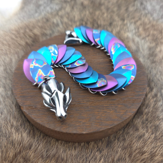 Dragon Scale Bracelet - Sponge Anodized, Blue, Violet, and Teal - Anodized Titanium & Stainless Steel