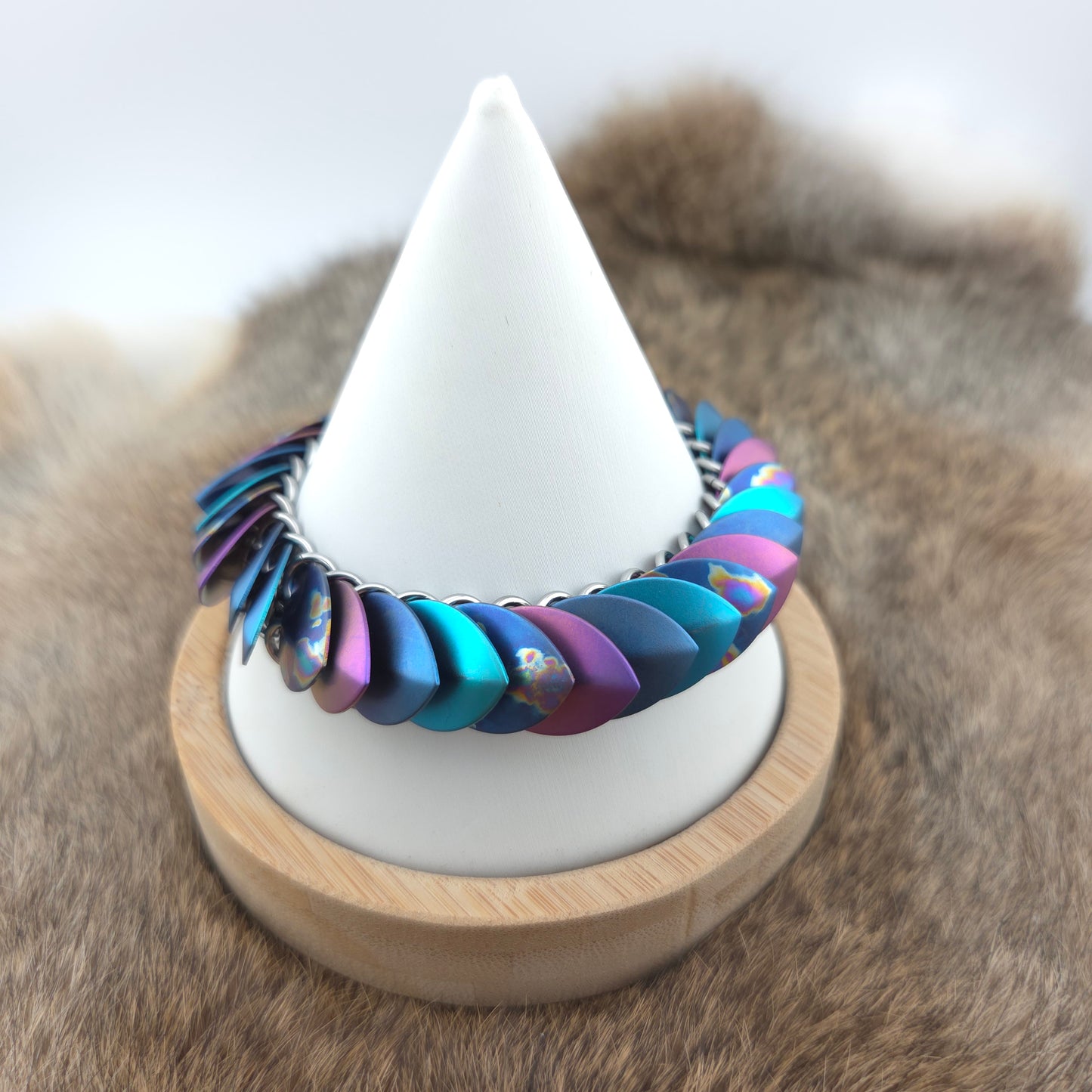 Dragon Scale Bracelet - Sponge Anodized, Blue, Violet, and Teal - Anodized Titanium & Stainless Steel