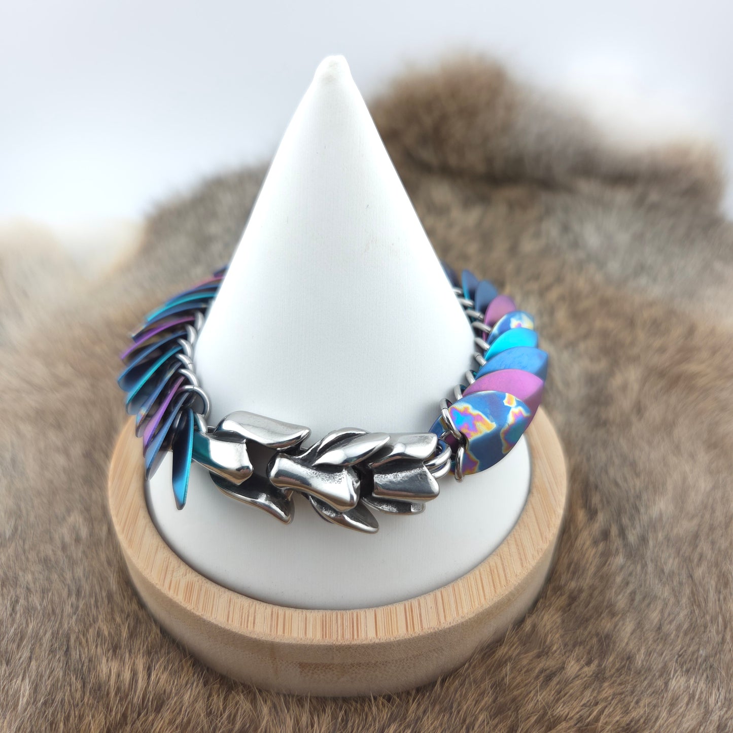 Dragon Scale Bracelet - Sponge Anodized, Blue, Violet, and Teal - Anodized Titanium & Stainless Steel