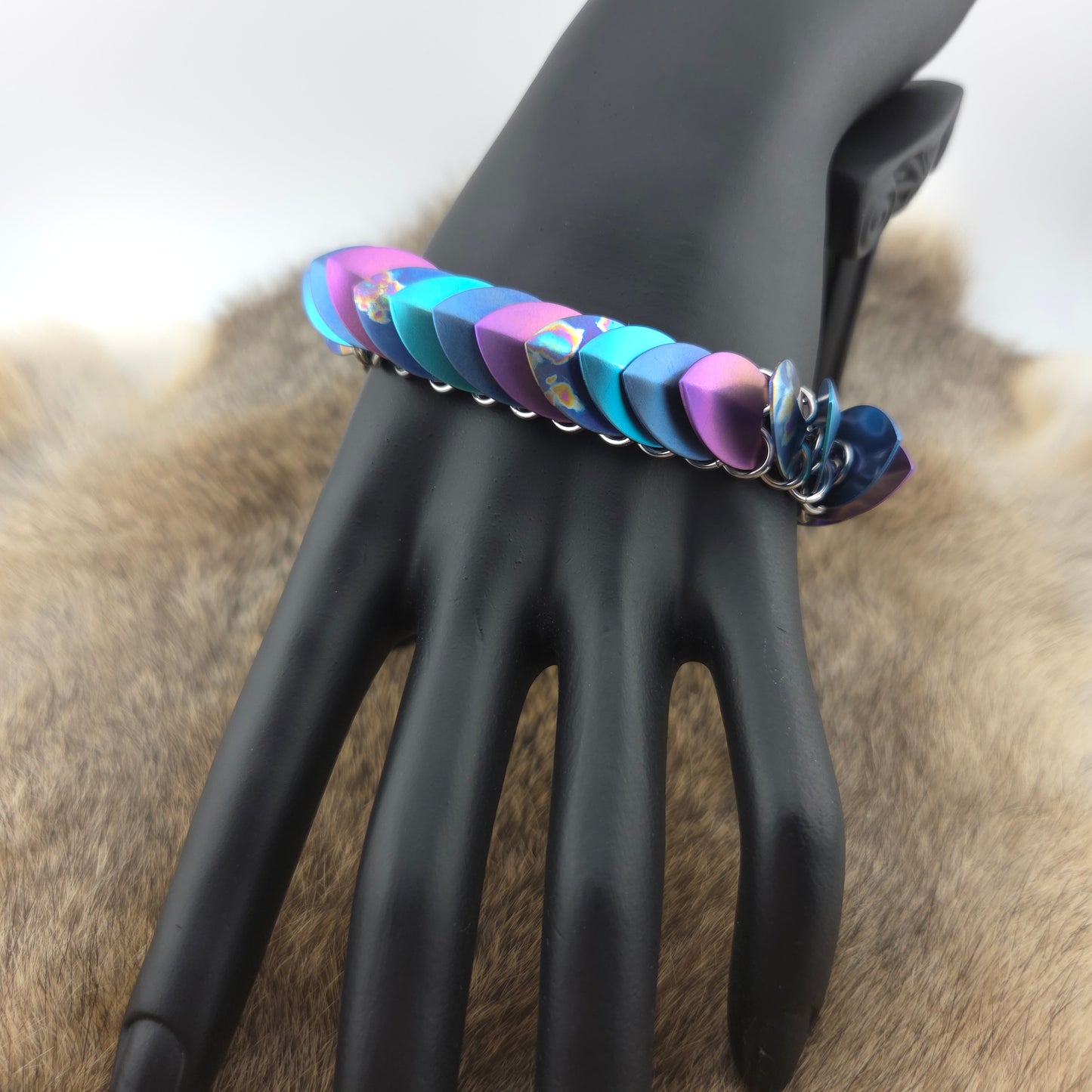 Dragon Scale Bracelet - Sponge Anodized, Blue, Violet, and Teal - Anodized Titanium & Stainless Steel