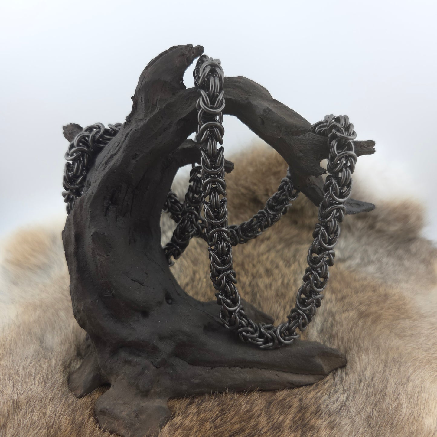 Heavy Byzantine Chainmail Necklace - Black Glass Titanium 21"