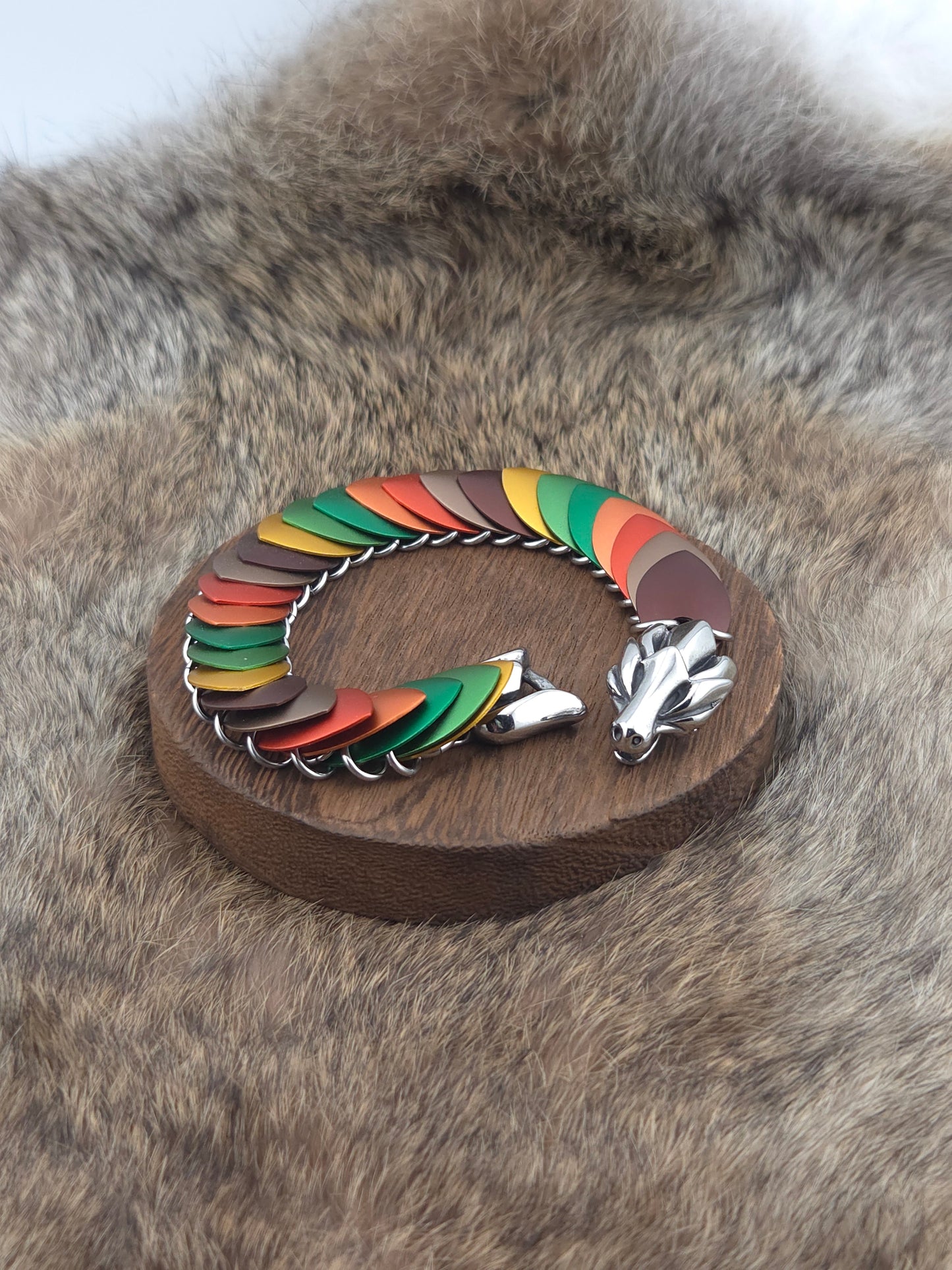 Dragon Scale Bracelet - Brown, Bronze, Oranges, Greens, Gold - Aluminum Scales