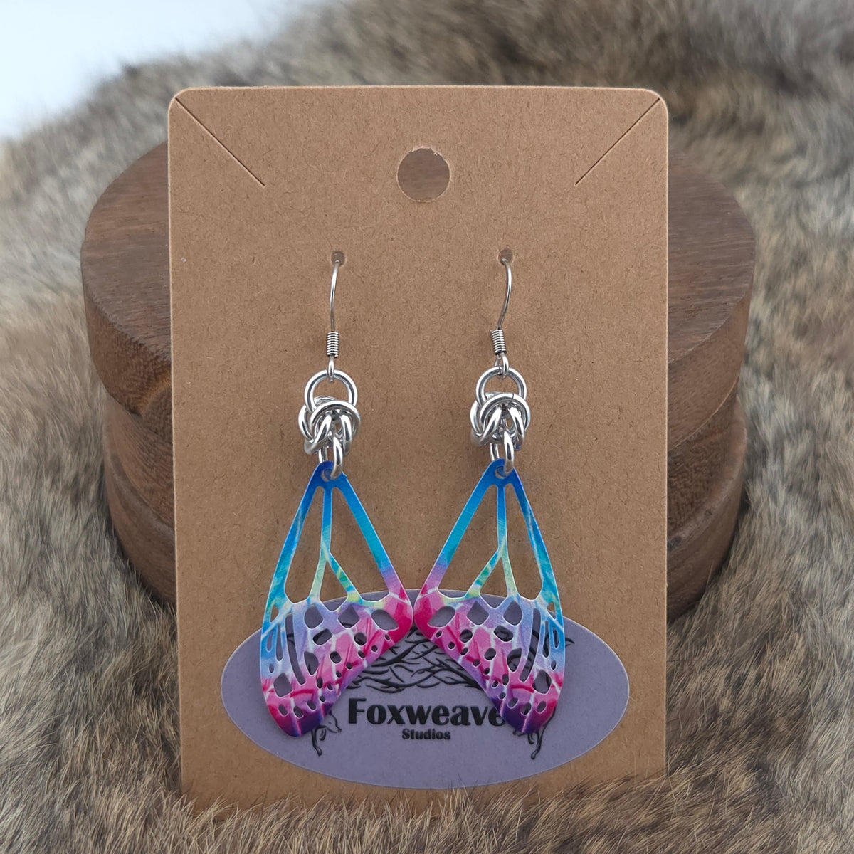 Earrings - Butterfly Wings, Blue, Teal, Pink, Purple - Stainless Steel Filigree on Stainless Steel Hooks