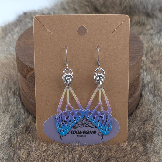 Earrings - Butterfly Wings, Yellow, Purple, Blue - Stainless Steel Filigree on Stainless Steel Hooks