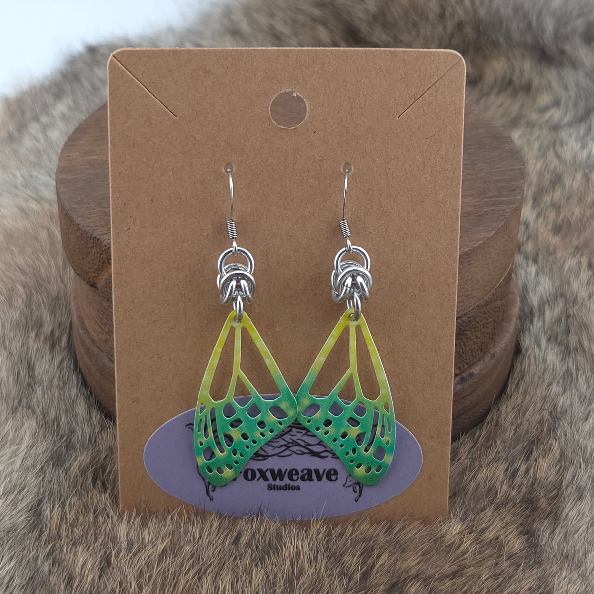 Earrings - Butterfly Wings, Yellow, Seafoam, Green - Stainless Steel Filigree on Stainless Steel Hooks