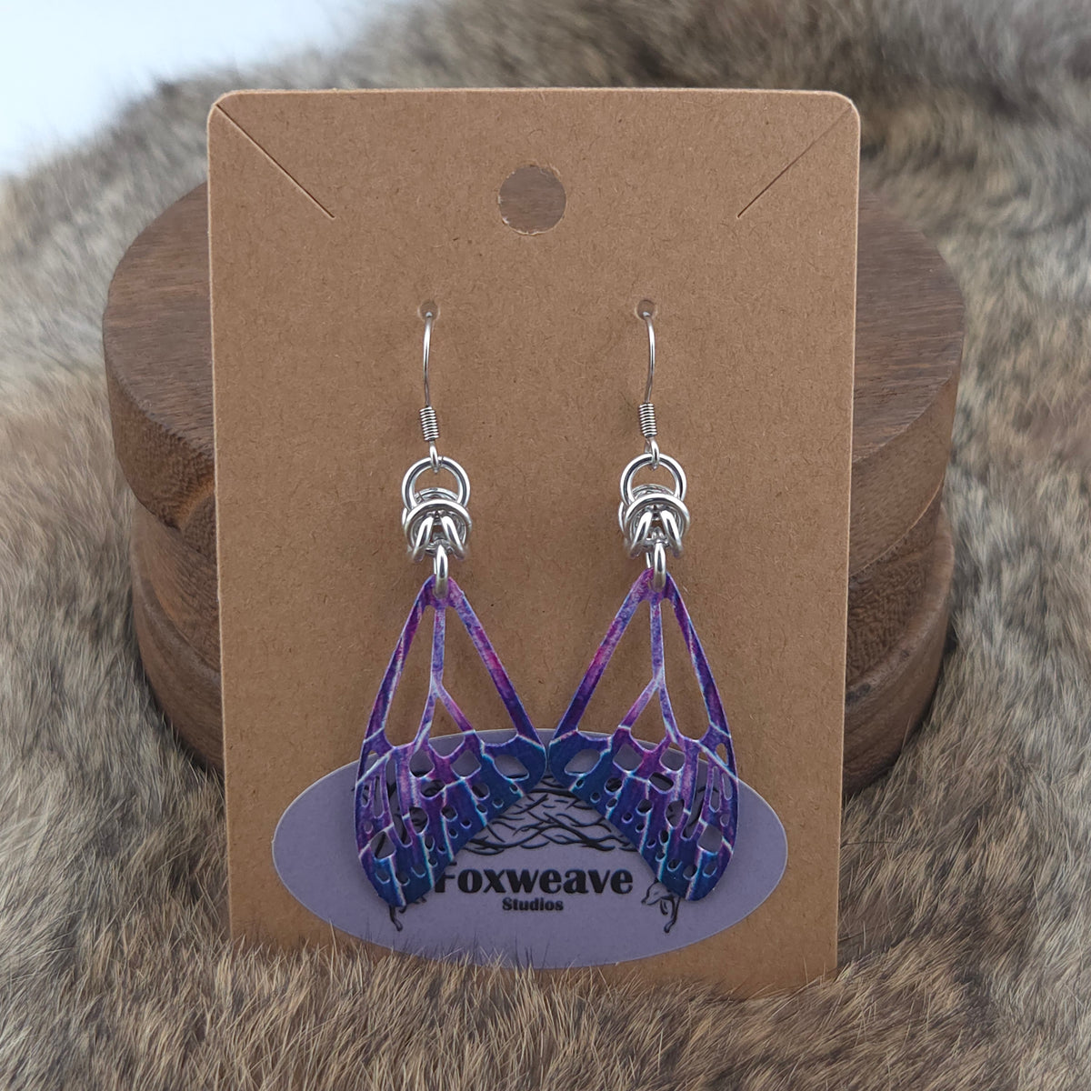 Earrings - Butterfly Wings, Purple, Lilac, Dark Blue, White - Stainless Steel Filigree on Stainless Steel Hooks