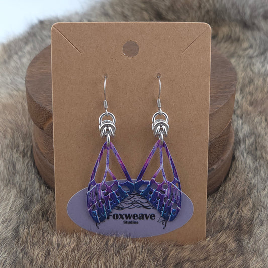 Earrings - Butterfly Wings, Purple, Lilac, Dark Blue, White - Stainless Steel Filigree on Stainless Steel Hooks