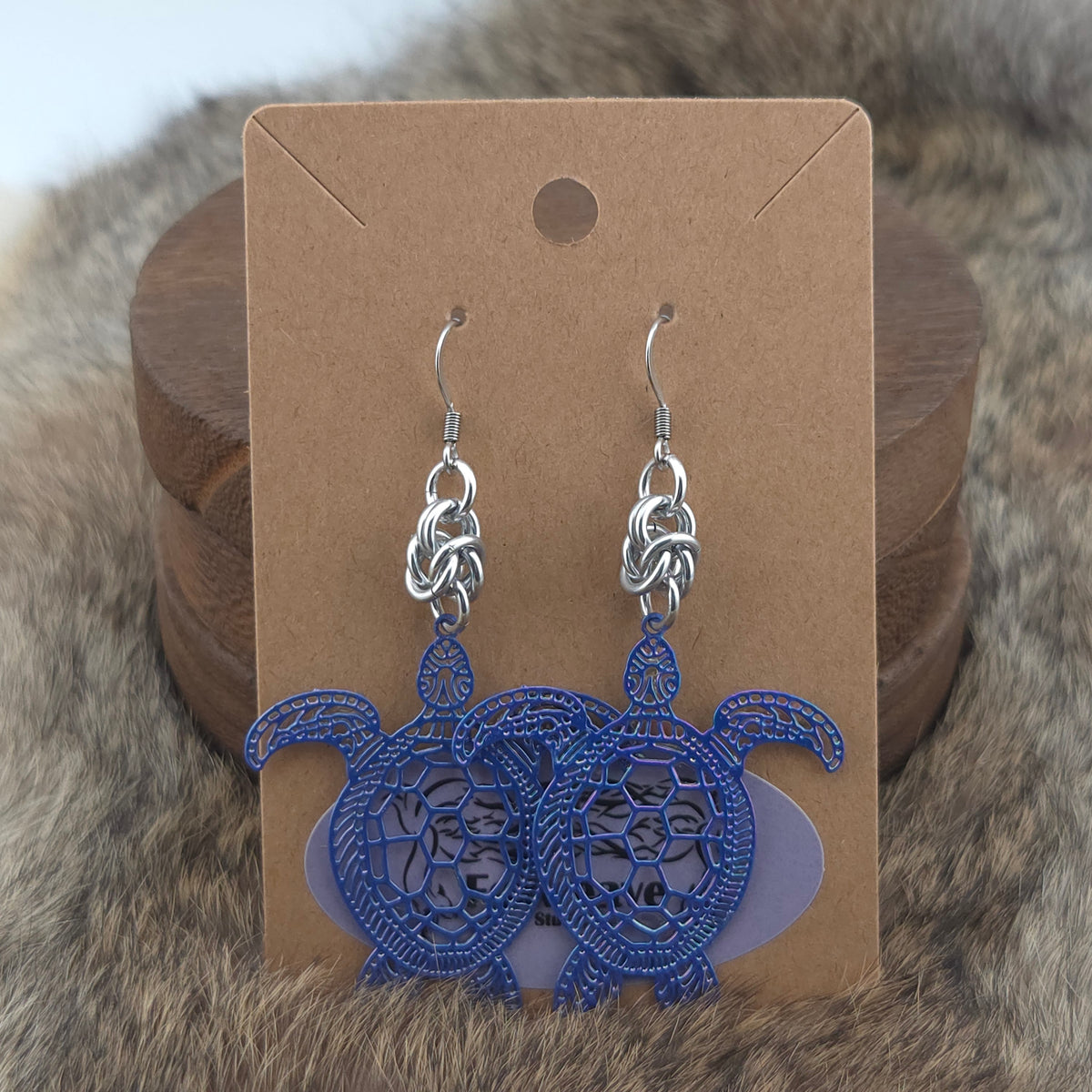Earrings - Blue Turtles - Stainless Steel Filigree on Stainless Steel Hooks