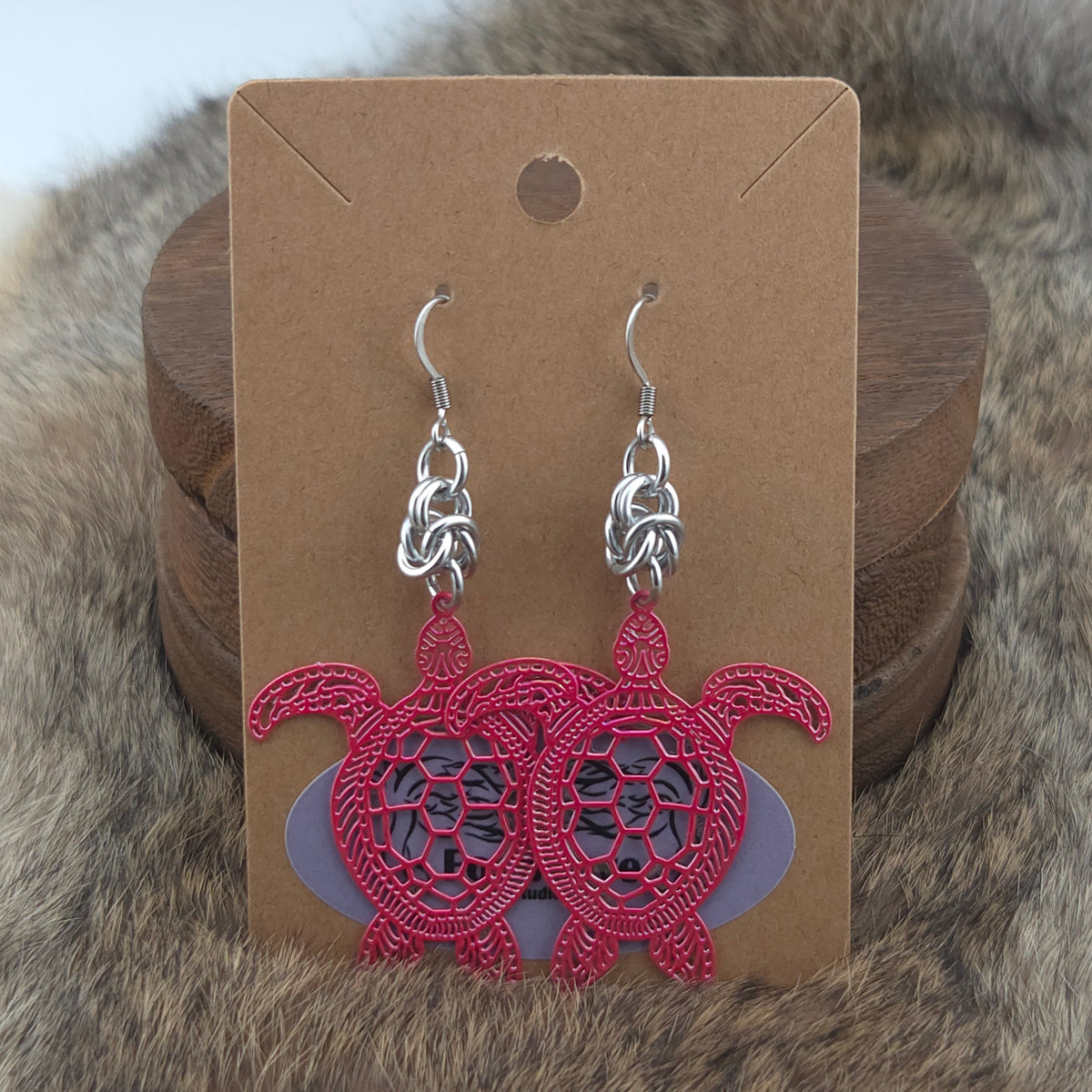 Earrings - Pink Turtles - Stainless Steel Filigree on Stainless Steel Hooks