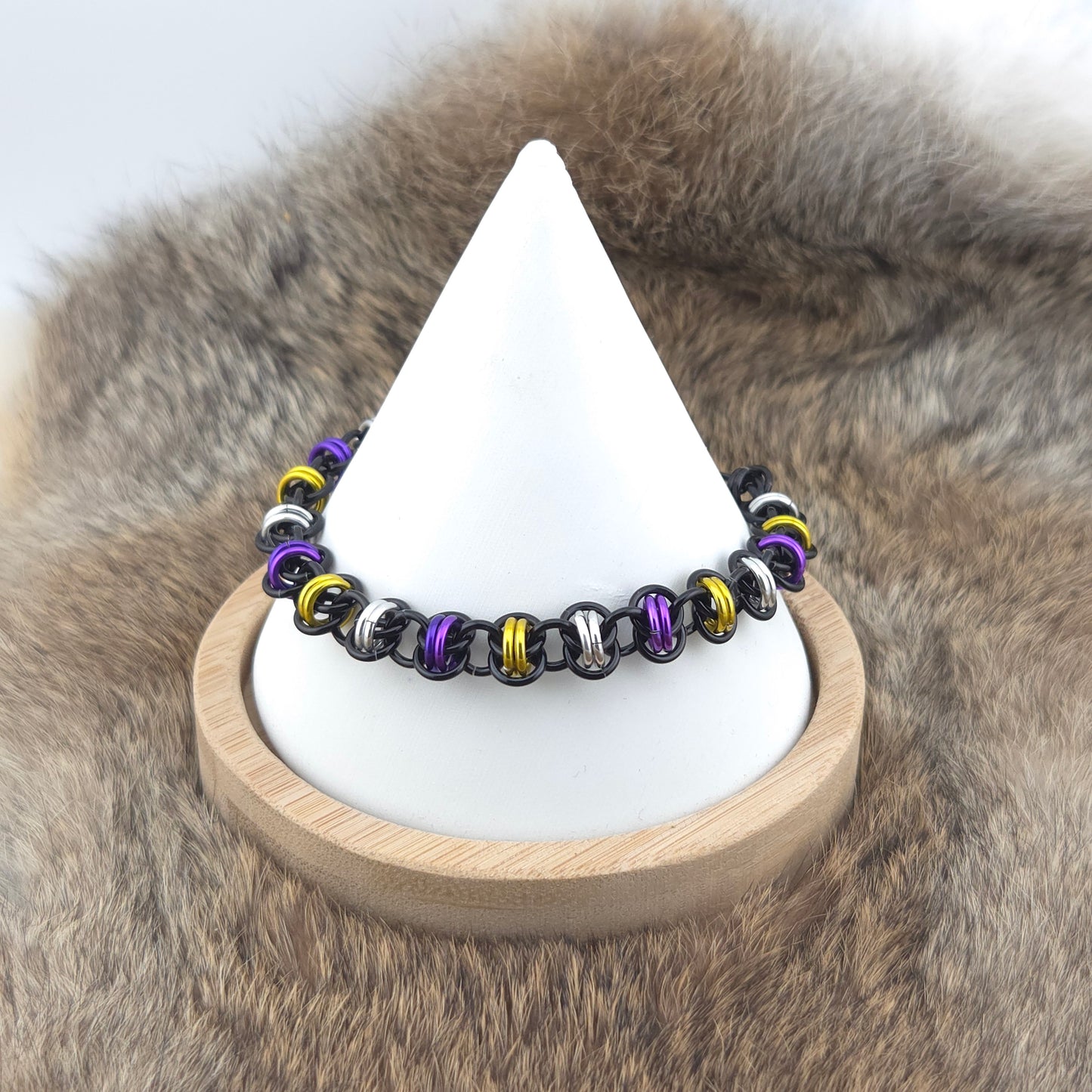 Barrel Weave Chainmail Bracelet - Non-Binary Pride on Black - Premium Anodized Aluminum