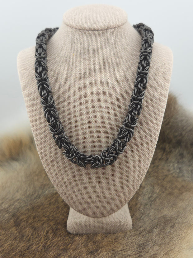 Black Glass Titanium Chunky Byzantine Necklace