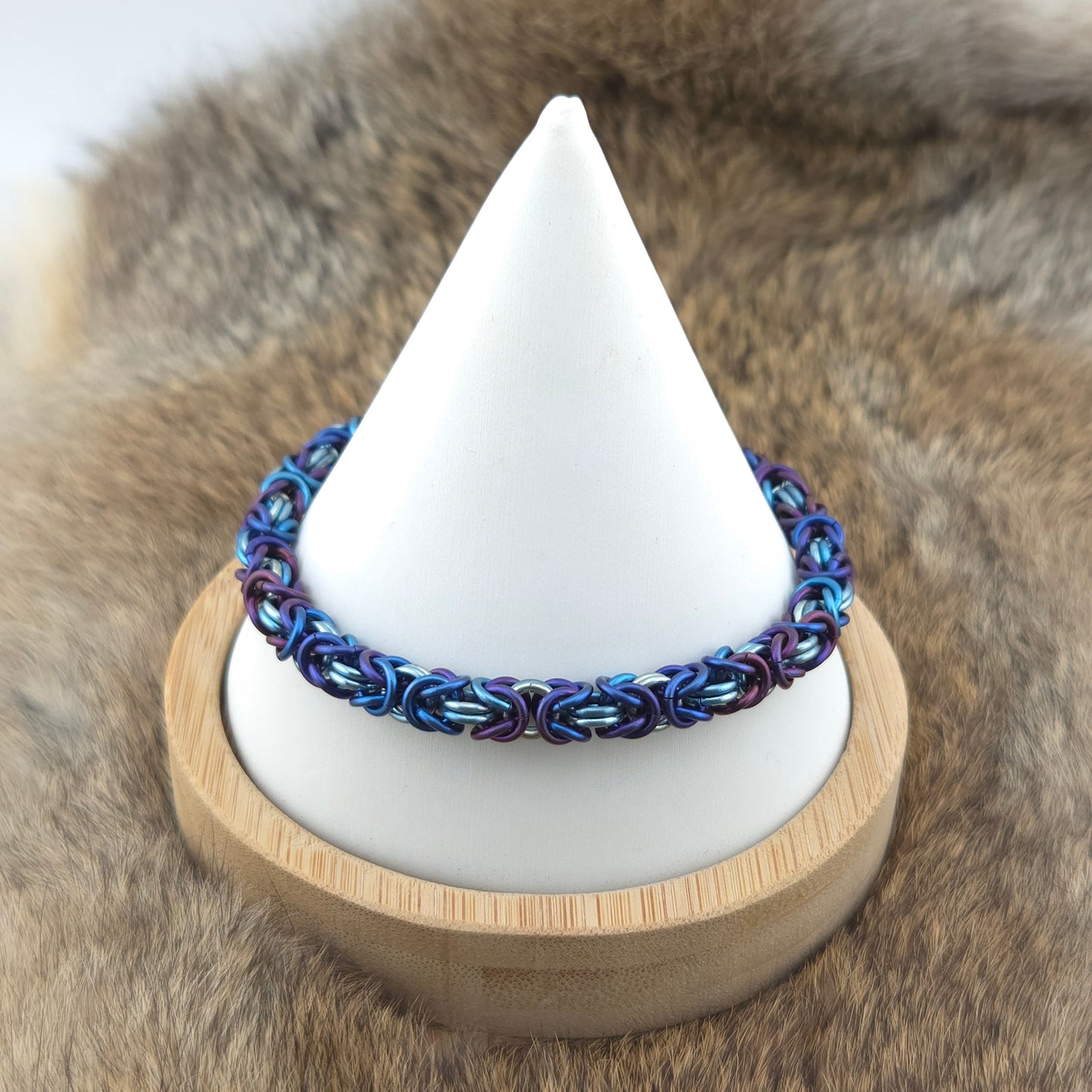 Dark purple and light blue titanium Byzantine bracelet.