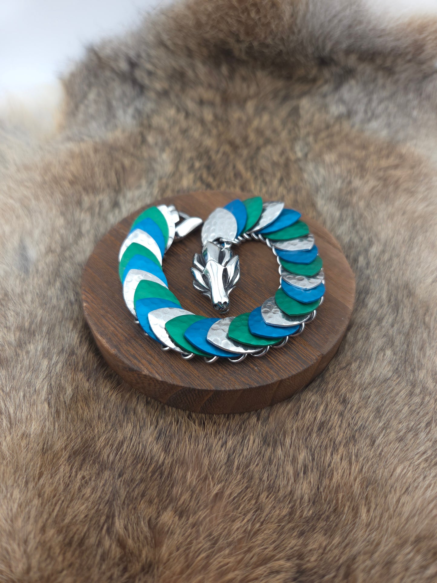Dragon Scale Bracelet - Hammered Silver, Hammered Lapis, Hammered Myrtle Green - Aluminum Scales