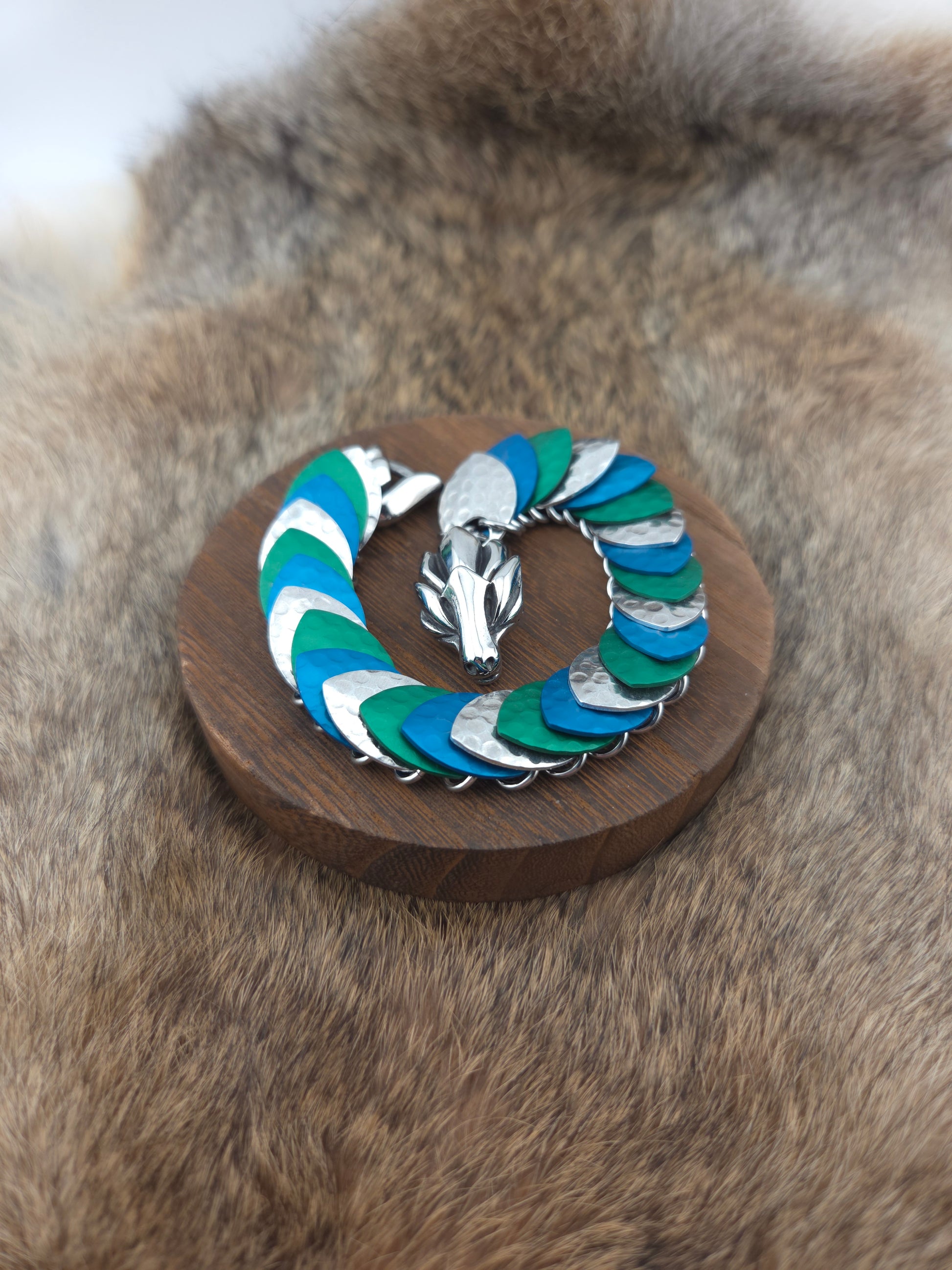 Dragon Scale Bracelet - Hammered Silver, Hammered Lapis, Hammered Myrtle Green - Aluminum Scales