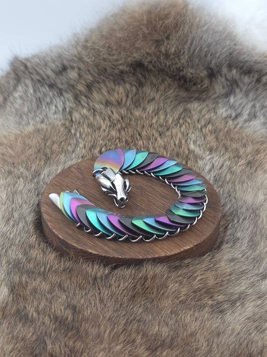 Dragon Scale Bracelet - Rainbow, Purple, Blue, Green, Black Glass Titanium on Stainless Steel - Unique 0004