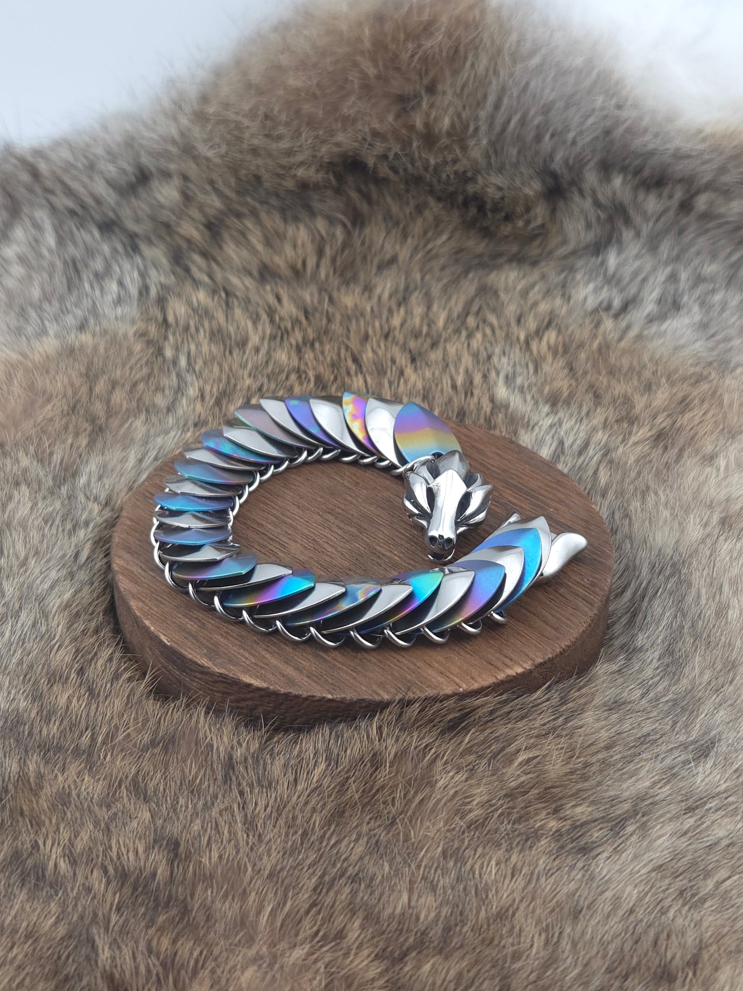 Dragon Scale Bracelet - Stainless Steel and Uniquely Anodized Titanium Scales on Stainless Steel - Unique 0003