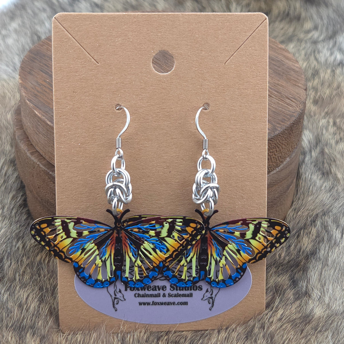 Earrings - Butterflies, Black, Blue, Orange, Yellow - Stainless Steel Filigree on Stainless Steel Hooks